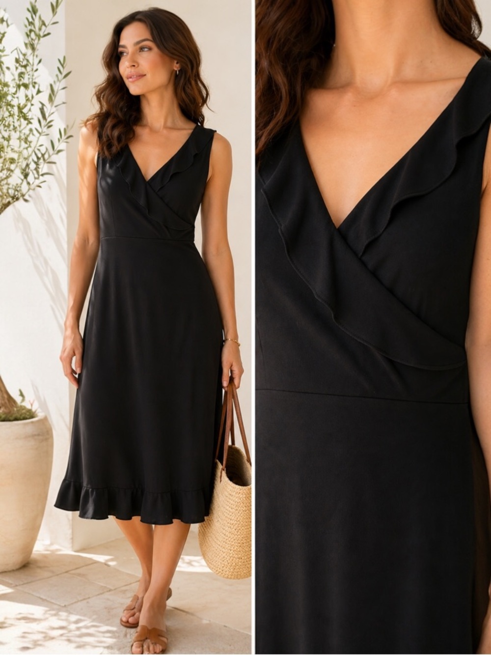 MAX STUDIO Vintage Black Midi Dress USA Faux Wrap Ruffle Surplice V Neck L